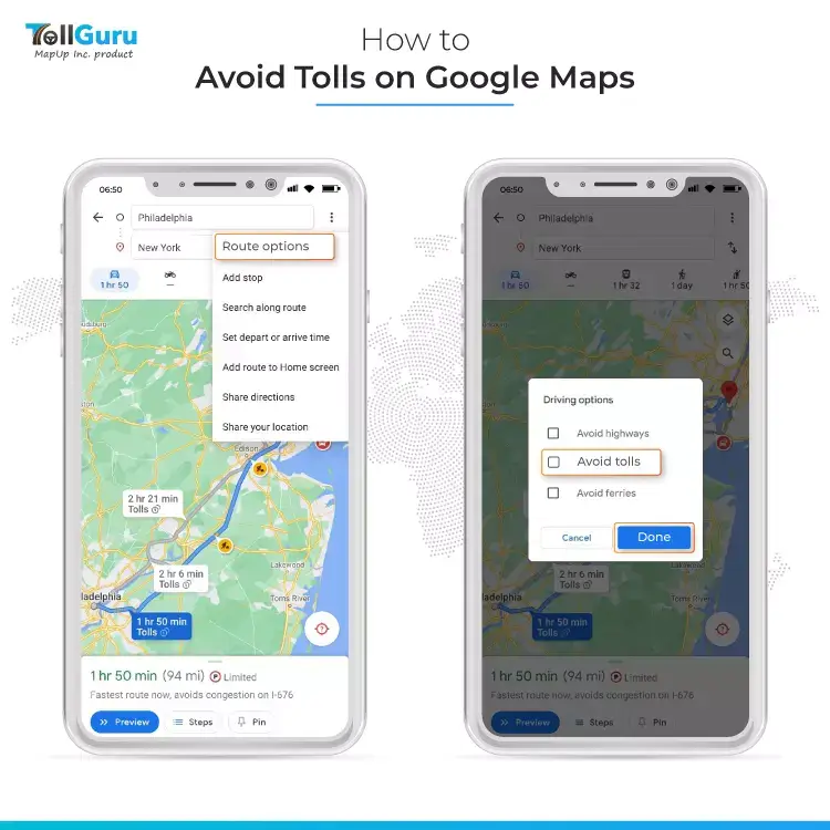 Steps to activate Avoid Tolls in Google Maps to see toll roads or patial toll routes in its mobile app.
